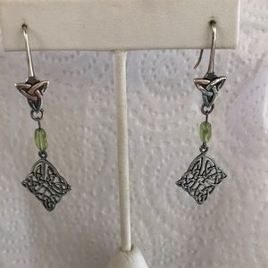 Sterling Silver - Earrings - Celtic Knots with Peridot. 2-1/4” Drop